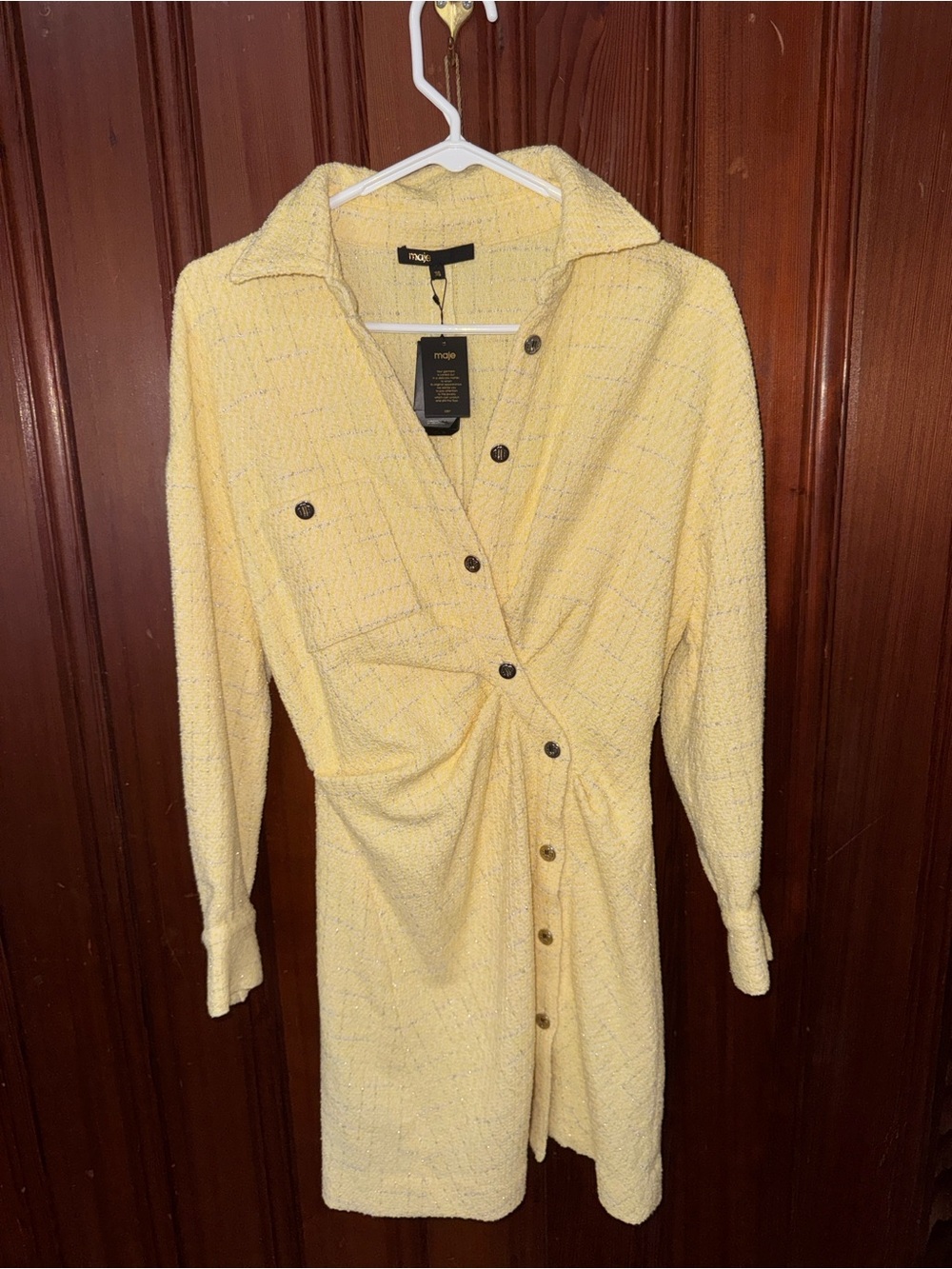 Maje Jaune Pale Yellow Button-Front Long Sleeve Shirt Dress